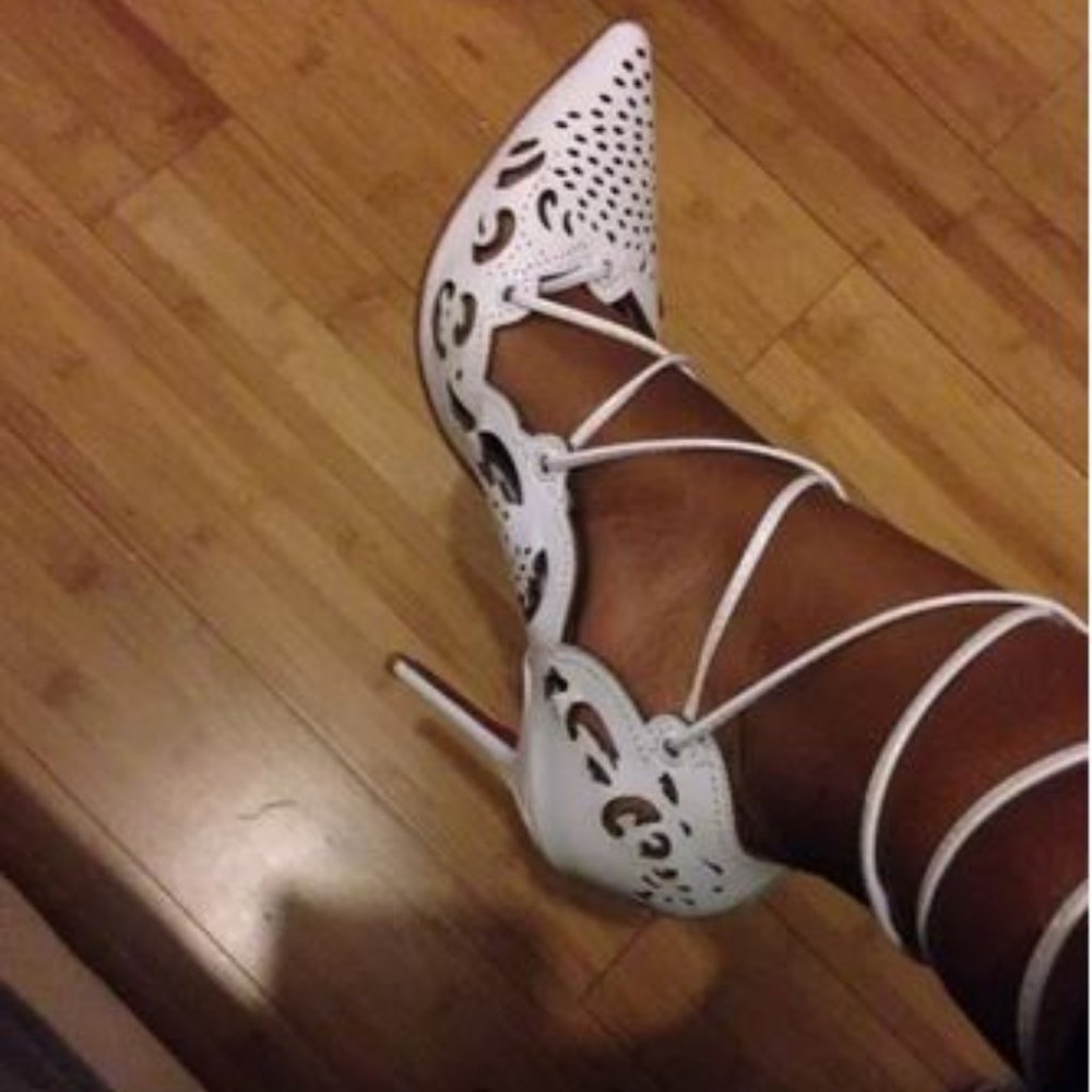 Red Bottom Sole Ankle Strap Sandal Pointy Toe Leather White Stilettos High Heel